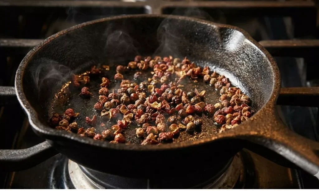 Step 2 Heat a dry pan over low heat and toast the Szechuan peppercorns